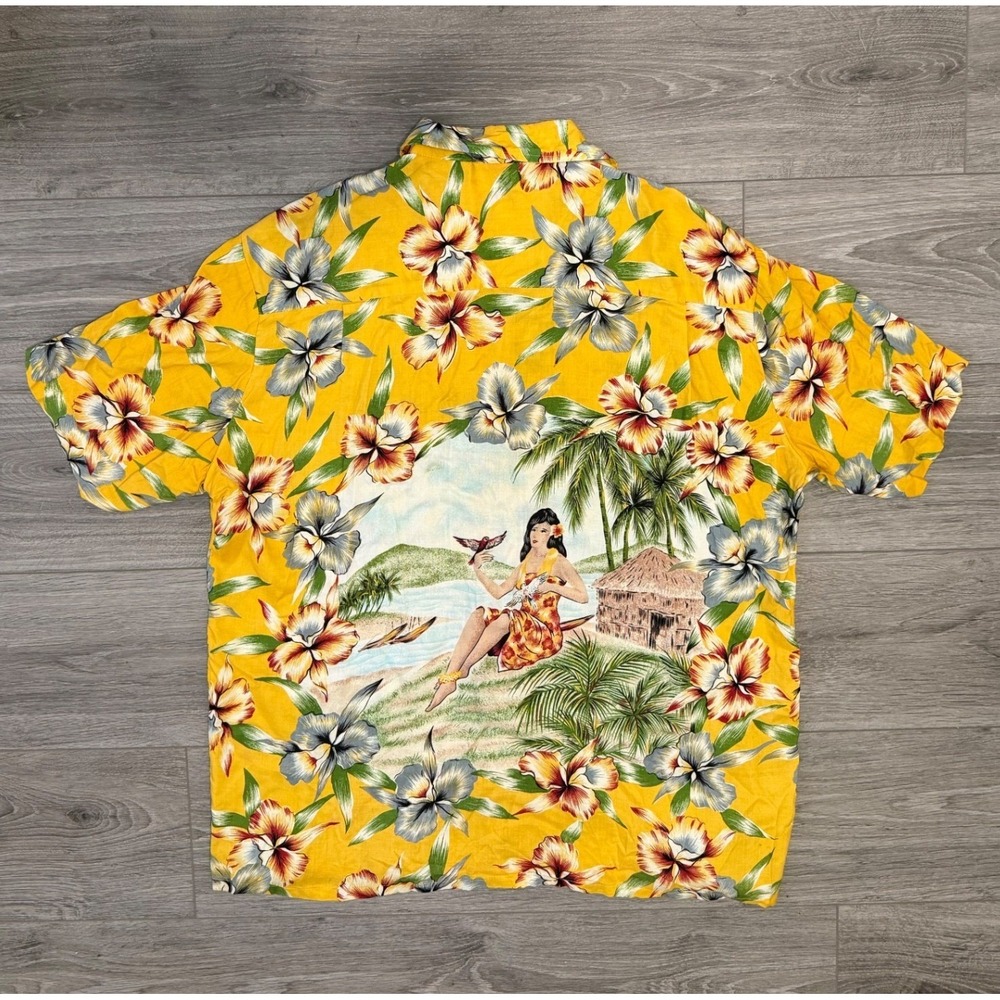 Kennington Vintage Hula Girl Pinup Hawaiian Shirt XL Tiki Scenic Aloha Camp Menu